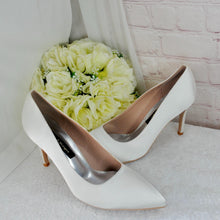 Load image into Gallery viewer, Ivory Satin Bridal Set: Handmade Heels, Clutch Bag &amp; Fascinator
