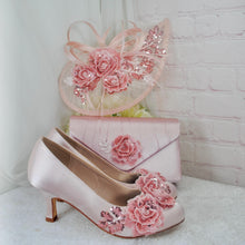 Load image into Gallery viewer, Pink Satin Bridal Set: Embroidered Heels, Clutch, Fascinator
