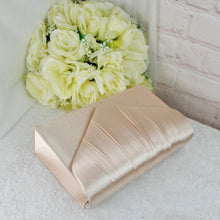 Load image into Gallery viewer, Champagne Satin Bridal Set: Handmade Clutch Bag &amp; Fascinator Hat
