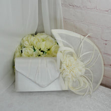 Load image into Gallery viewer, Ivory Satin Bridal Set: Handmade Heels, Clutch Bag &amp; Fascinator
