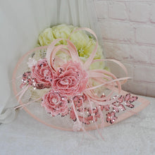 Load image into Gallery viewer, Blush Pink Satin Bridal Set: Floral Embroidered Heels, Clutch, Fascinator
