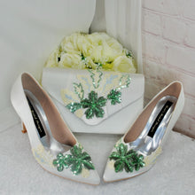 Load image into Gallery viewer, Ivory Satin Bridal Set – Handmade Satin Shoes With Floral Embroidered Heels UK8/US10.5
