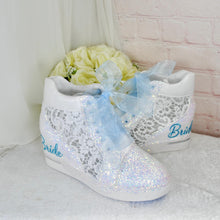 Load image into Gallery viewer, Glitter Bridal Wedge Sneakers: Something Blue Lace Wedding Trainers UK5/US7.5

