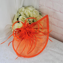 Load image into Gallery viewer, Orange Satin Clutch Bag and Fascinator Set, Handmade Bridal Hatinator

