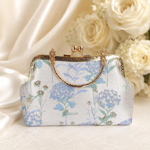 Load image into Gallery viewer, Floral Bridal Clutch: Luxury Blue Hydrangea Embroidered Bag, Detachable Chain
