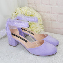 Load image into Gallery viewer, Lilac Purple Suede Bridal Sandals: Vegan Block Heel Wedding Shoes

