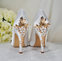 Load image into Gallery viewer, White Satin Wedding Heels: Gold Cherry Blossom Bridal Shoes UK5/US7.5

