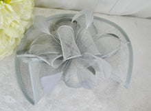 Load image into Gallery viewer, Silver Grey Fascinator and Clutch Bag Set: Handmade Satin Bridal Hatinator
