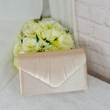 Load image into Gallery viewer, Champagne Satin Bridal Set: Handmade Clutch Bag &amp; Fascinator Hat
