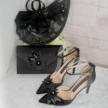 Load image into Gallery viewer, Black Satin Clutch Bag and Fascinator Set: Handmade Wedding Hatinator
