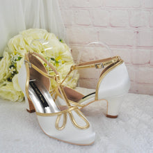 Load image into Gallery viewer, Ivory Satin Bridal Sandals - Vintage T-Bar Strap Block Heel Wedding Shoes UK4 / US6.5
