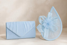 Load image into Gallery viewer, Light Blue Fascinator and Vegan Suede Clutch, Bridal Hatinator Set
