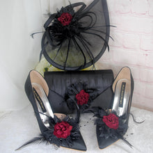 Load image into Gallery viewer, Black Gothic Bridal Set: Handmade Clutch, Sinamay Fascinator, Satin Stiletto Heel Shoes, Floral Rose
