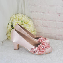 Load image into Gallery viewer, Pink Satin Bridal Block Heels  – Shoes with Embroidered Flower Heels Size  UK8/US10.5
