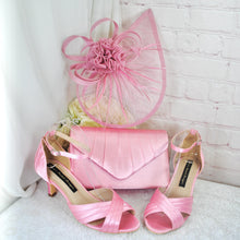 Load image into Gallery viewer, Pink Satin Bridal Set: Heels, Clutch, Fascinator - Handmade Wedding Guest Outfit
