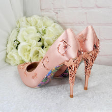 Load image into Gallery viewer, Blush Pink Satin Bridal Shoes with Rose Gold Filigree Vines
