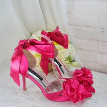 Load image into Gallery viewer, Hot Pink Satin Bridal Set: Heels, Clutch, Fascinator
