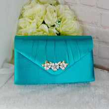 Load image into Gallery viewer, Teal Satin Bridal Set: Handmade Clutch, Fascinator, Heels
