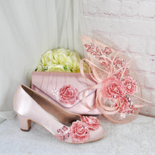 Load image into Gallery viewer, Pink Satin Bridal Block Heels  – Shoes with Embroidered Flower Heels Size  UK8/US10.5

