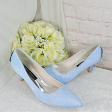 Load image into Gallery viewer, Blue Glitter Kitten Heel Bridal Shoes: Silver Cherry Blossom Wedding Heels (UK8/US10.5)
