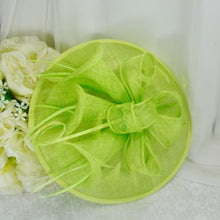 Load image into Gallery viewer, Bright Lime Green Satin Clutch Bag and Fascinator Set, Handmade Bridal Hatinator
