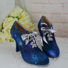 Load image into Gallery viewer, Hand-Painted Celestial Wedding Shoes – Blue Galaxy Lace-Up Heels
