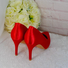 Load image into Gallery viewer, Red Satin Bridal Set: Handmade Heels, Clutch Bag &amp; Fascinator
