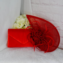 Load image into Gallery viewer, Red Fascinator Hat and Clutch Bag Set, Wedding Guest Outfit
