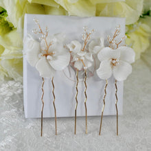 Load image into Gallery viewer, Handmade Gold or Silver Ceramic Flower Hair Pins with Pearls (Set of 3)
