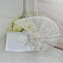Load image into Gallery viewer, White Fascinator Hat and Clutch Bag: Handmade Bridal Set
