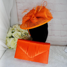 Load image into Gallery viewer, Stunning Orange Bag and Fascinator Hat Bright Orange Matching Bridal Set Hatinator Purse for Wedding Guest Mother of the Bride Groom
