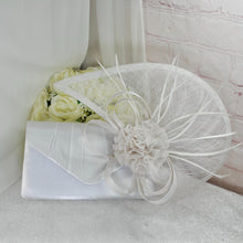 Load image into Gallery viewer, White Satin Bridal Set: Heels, Clutch Bag &amp; Fascinator Hatinator
