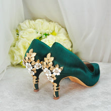 Load image into Gallery viewer, Emerald Green Satin Bridal Shoes: Gold Floral Blossom Heel
