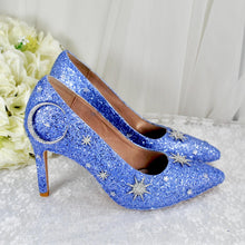 Load image into Gallery viewer, Light Blue Celestial Wedding Shoes – Glitter Moon &amp; Star Heels
