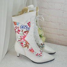 Load image into Gallery viewer, White Floral Print Wedding Boots: Low Heel Bridal Shoes UK4/US6.5
