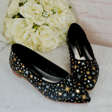 Load image into Gallery viewer, Black Celestial Bridal Flats – Hand-Painted Pointed Wedding Shoes
