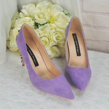 Load image into Gallery viewer, Lilac Suede Bridal Heels - Cherry Blossom Embellished Pumps UK6/US8.5
