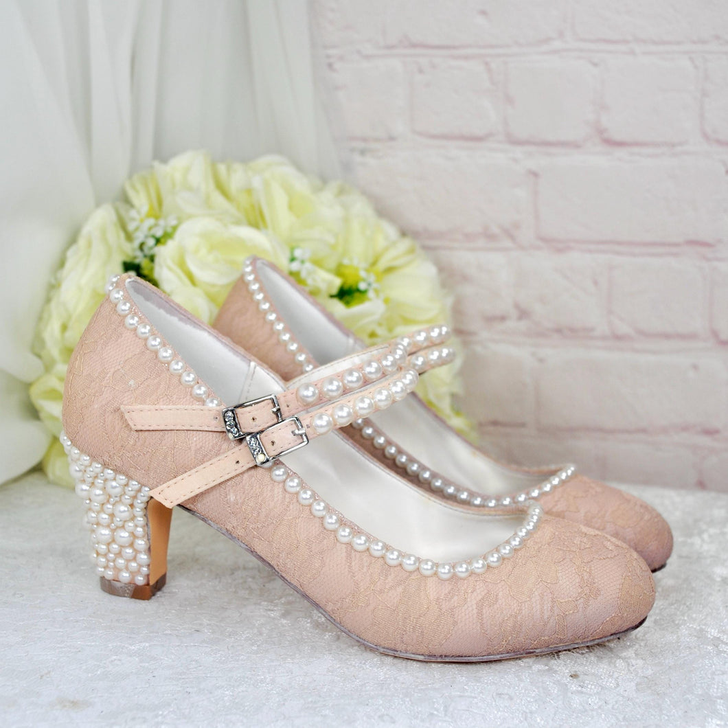 Champagne Bridal Shoes - Vintage Mary Janes with Lace Pearl Heels & 8cm Block Heel - UK3 / US5.5