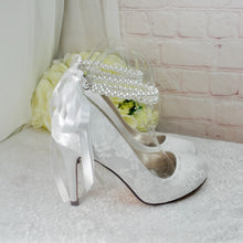 Load image into Gallery viewer, Ivory Lace Bridal Heels: Handmade Wedding Shoes with Pearl Ankle Strap • UK5 / US7.5
