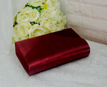 Load image into Gallery viewer, Burgundy Red Satin Block Heels and Clutch Bag Set: Handmade Bridal Shoes
