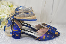 Load image into Gallery viewer, Blue Celestial Wedding Shoes – Galaxy Block Heels with Ankle Ribbons
