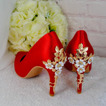 Load image into Gallery viewer, Red Satin Bridal Set: Handmade Heels, Clutch, Fascinator Hat
