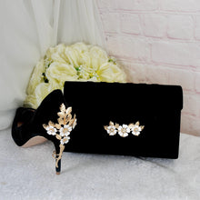 Load image into Gallery viewer, Black Velvet Heels, Clutch Bag &amp; Sinamay Fascinator Set: Handmade Wedding Guest Outfit
