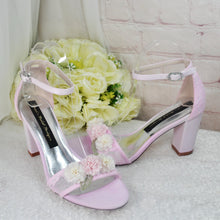 Load image into Gallery viewer, Blush Pink Bridal Sandals – Handmade Satin Shoes with 3D Floral Block Heels Size UK5/IS7.5
