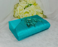 Load image into Gallery viewer, Teal Satin Bridal Set: Handmade Clutch, Fascinator, and Stiletto Shoes

