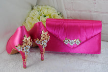 Load image into Gallery viewer, Hot Pink Satin Heels: Golden Cherry Blossom Bridal Shoes
