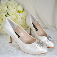 Load image into Gallery viewer, Bridal Satin Heels – Handmade Vegan Wedding Mid Heels with Swarovski Crystal  • UK6/US8.5
