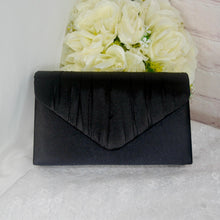 Load image into Gallery viewer, Black Fascinator and Clutch Bag Set: Handmade Bridal Satin Purse &amp; Sinamay Hatinator Set
