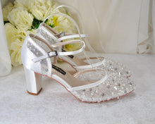 Load image into Gallery viewer, LAST ONE - Handmade Beaded Block Heel Bridal Sandals: Ivory Satin Shoes UK6/US8.5
