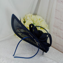 Load image into Gallery viewer, Handmade Navy Blue Satin Bridal Set: Heels, Clutch &amp; Fascinator
